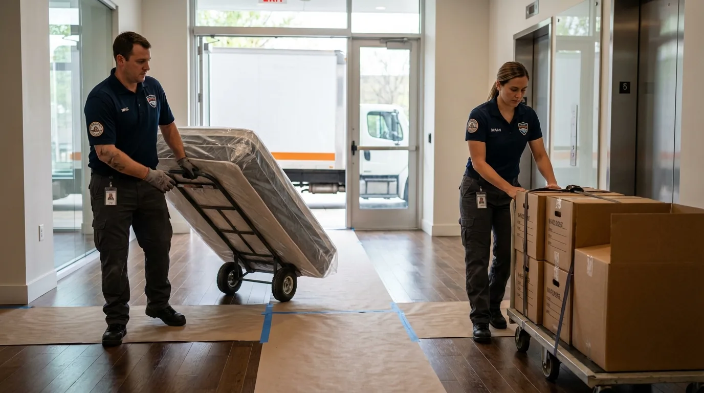 Professional apartment movers loading elevator in Lexington, TN